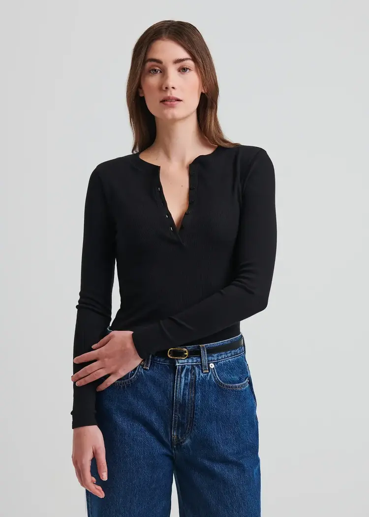 Patrick Assaraf Pima Stretch Cotton Ribbed LS Henley Black