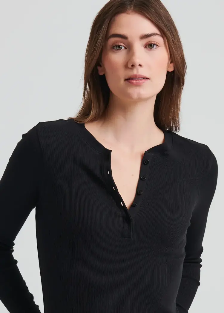 Patrick Assaraf Pima Stretch Cotton Ribbed LS Henley Black