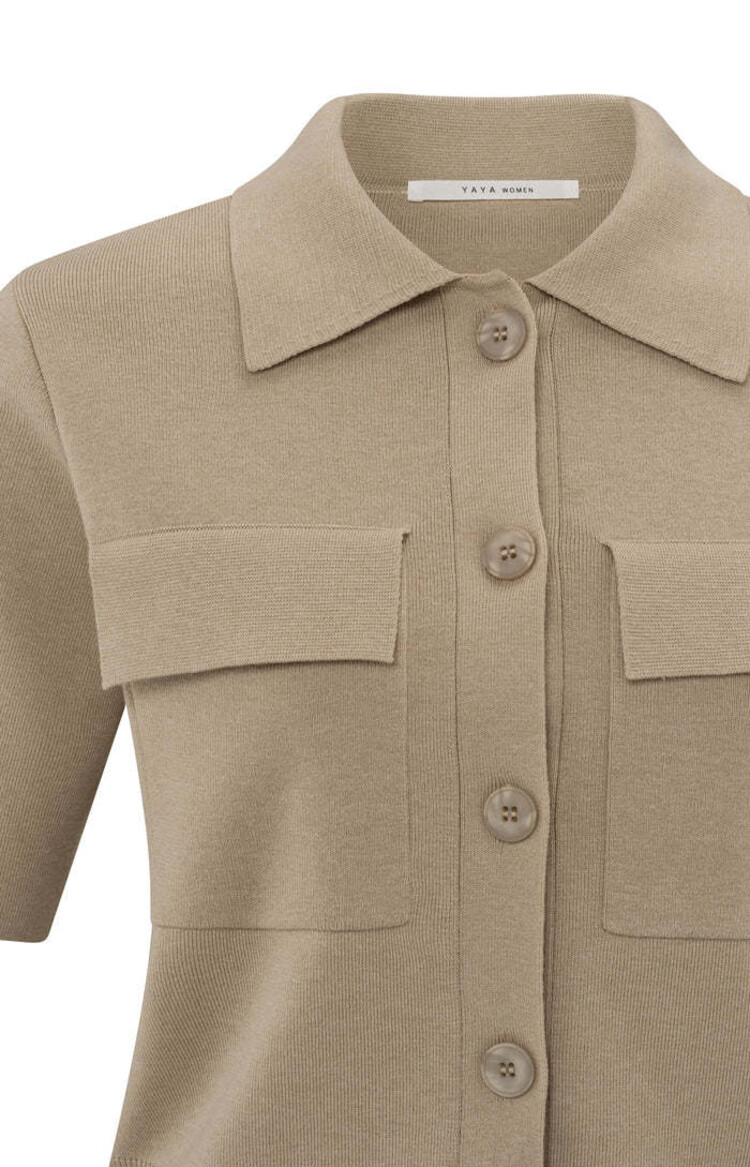 Yaya Short Sleeved Cardigan w/Chest Pockets Humus Beige