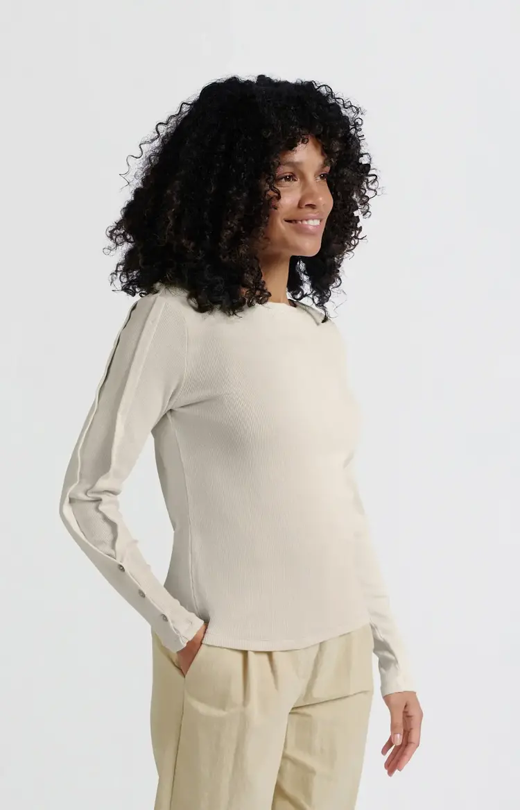 Yaya Long Sleeve Ribbed Top w/Button Sleeve Off White Knit
