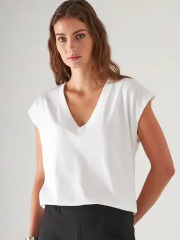 Patrick Assaraf Pima Cotton Stretch Dolman V-Neck T-Shirt White