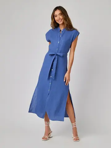 Bella Dahl Linen Cap Sleeve Button Front Midi Dress Antique Indigo