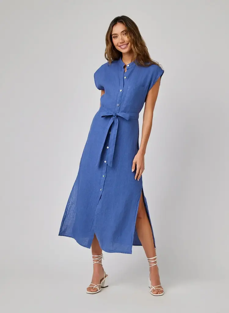 Bella Dahl Linen Cap Sleeve Button Front Midi Dress Antique Indigo