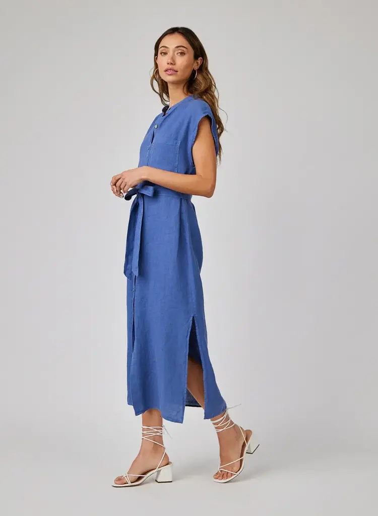 Bella Dahl Linen Cap Sleeve Button Front Midi Dress Antique Indigo