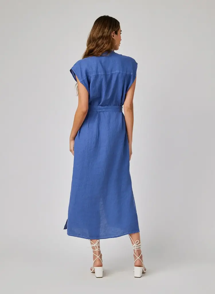 Bella Dahl Linen Cap Sleeve Button Front Midi Dress Antique Indigo