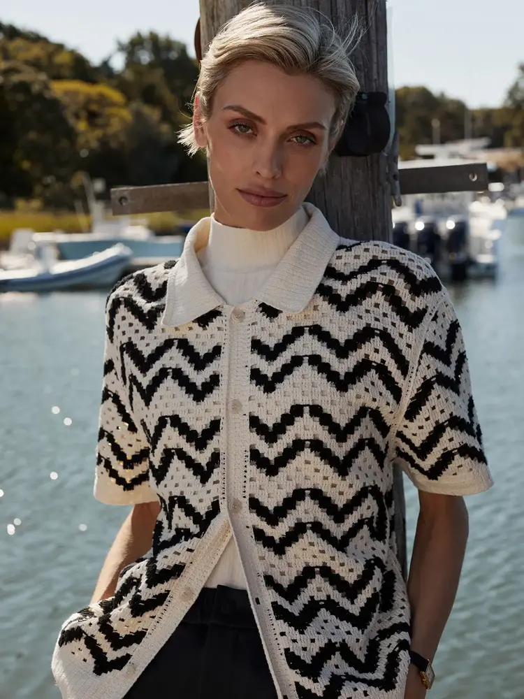 Varley Anais Crochet Polo Shirt Birch