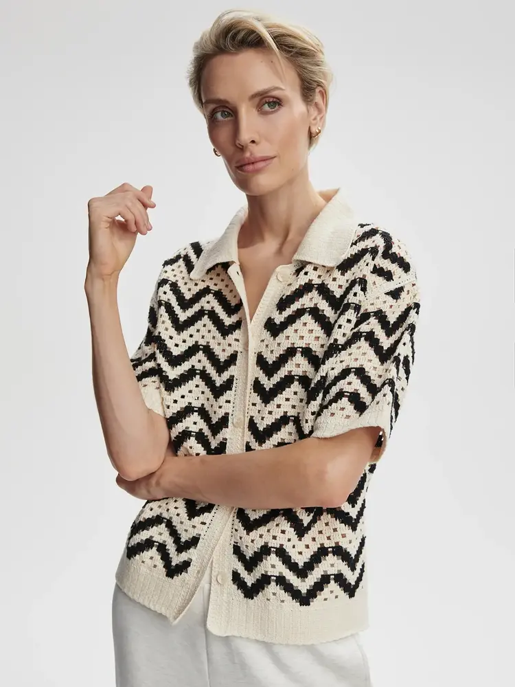 Varley Anais Crochet Polo Shirt Birch