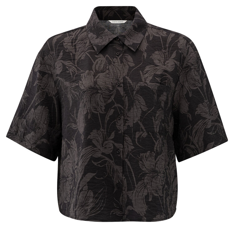 Yaya Printed Short Sleeve Blouse Washed Blk