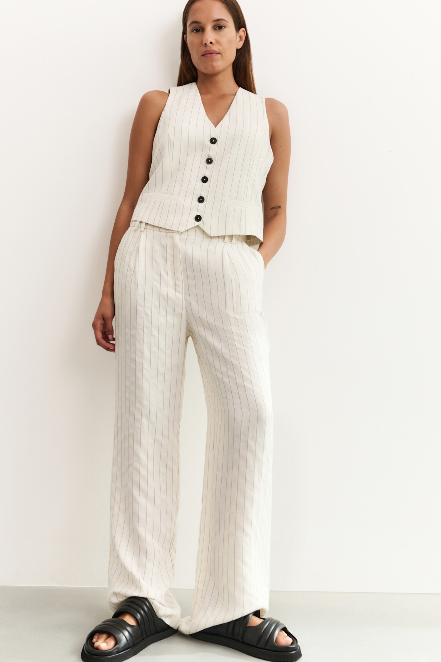 Yaya | Woven Linen Mix Pinstripe Gilet Sand Linen - Tryst Boutique