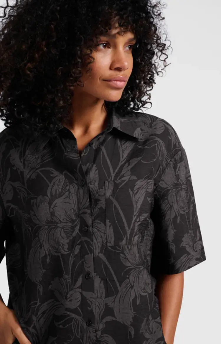 Yaya Printed Short Sleeve Blouse Washed Blk