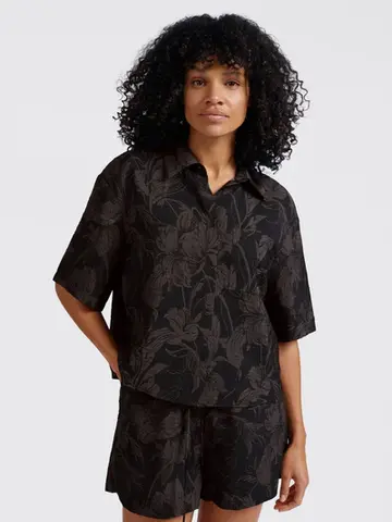 Yaya Printed Short Sleeve Blouse Washed Blk