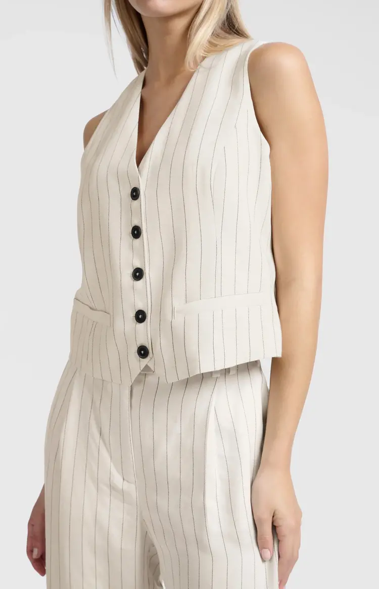 Yaya Woven Linen Mix Pinstripe Gilet Sand Linen