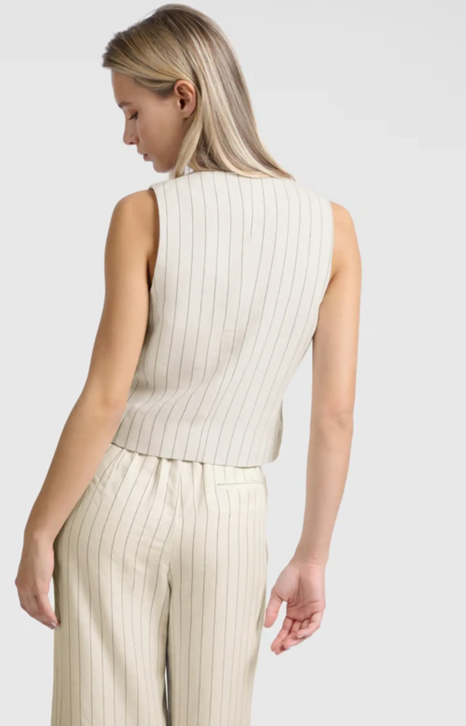 Yaya | Woven Linen Mix Pinstripe Gilet Sand Linen - Tryst Boutique