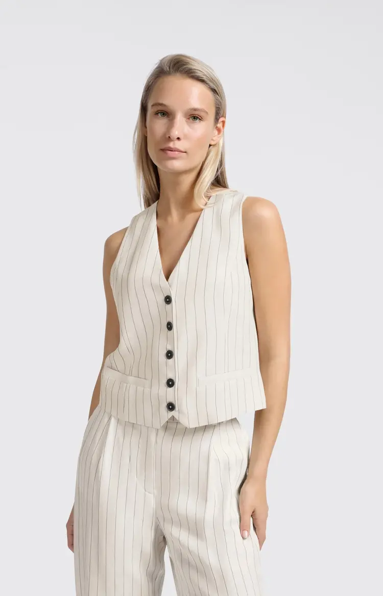 Yaya Woven Linen Mix Pinstripe Gilet Sand Linen