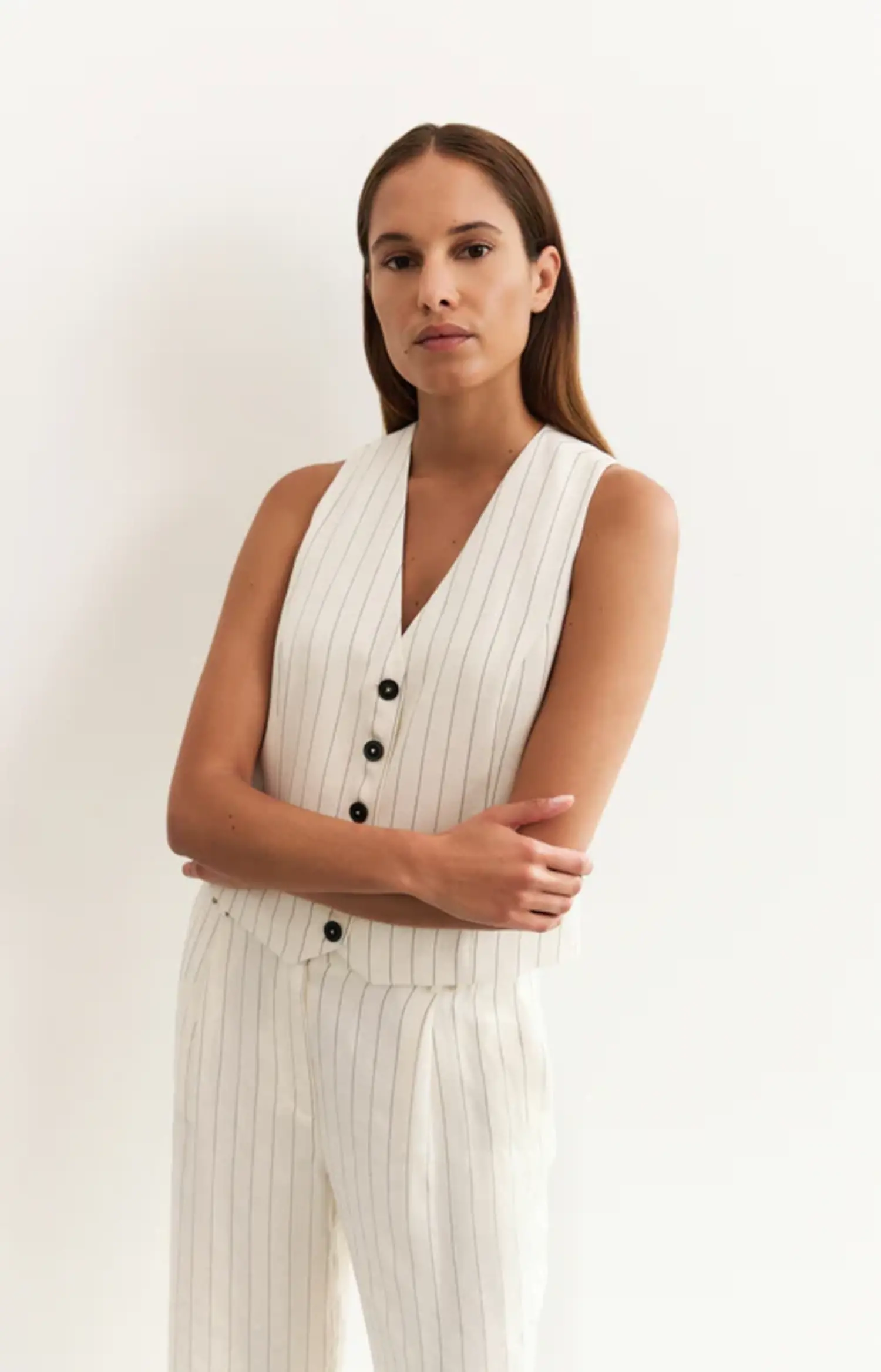 Yaya | Woven Linen Mix Pinstripe Gilet Sand Linen - Tryst Boutique