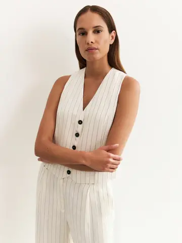 Yaya Woven Linen Mix Pinstripe Gilet Sand Linen