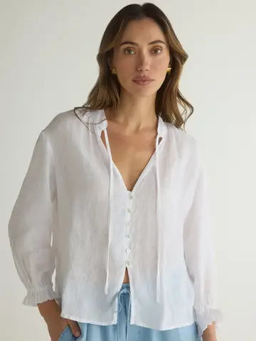 Bella Dahl 3/4 Sleeve Tie Neck Blouse White