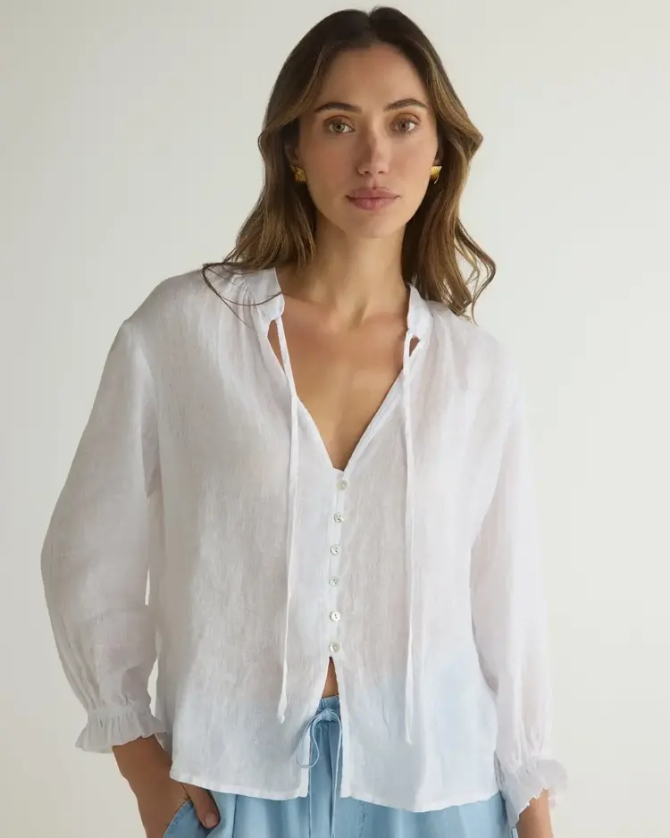 Bella Dahl 3/4 Sleeve Tie Neck Blouse White