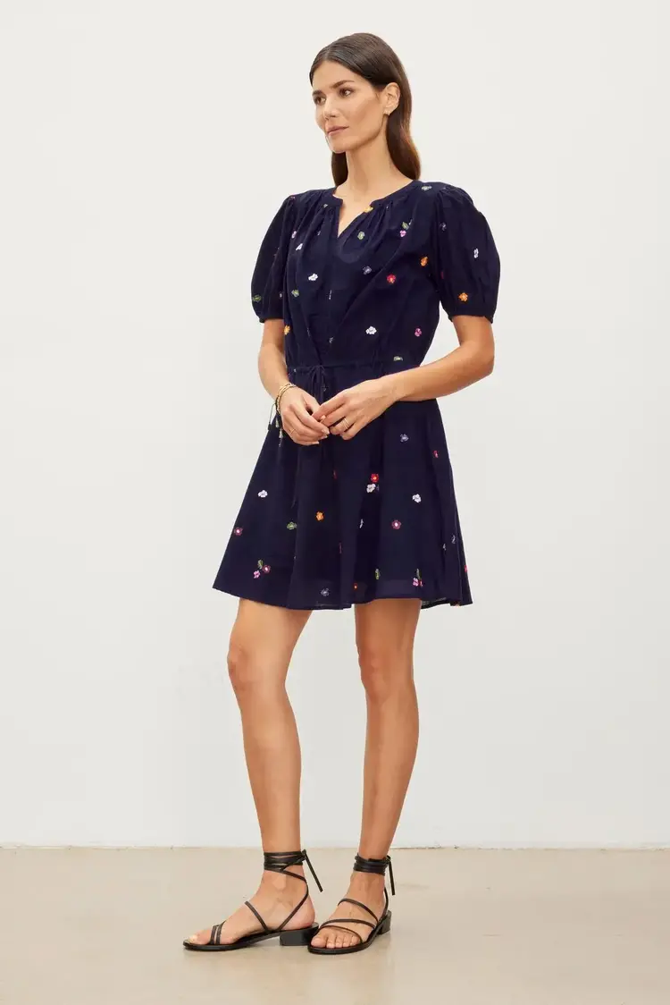 Velvet Cleo Embroidered Dress Navy