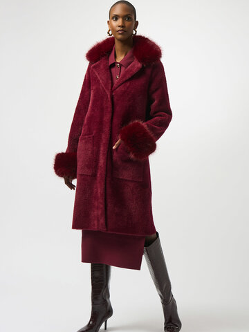 Joseph Ribkoff Feather Yarn & Faux Fur Sweater Coat Merlot