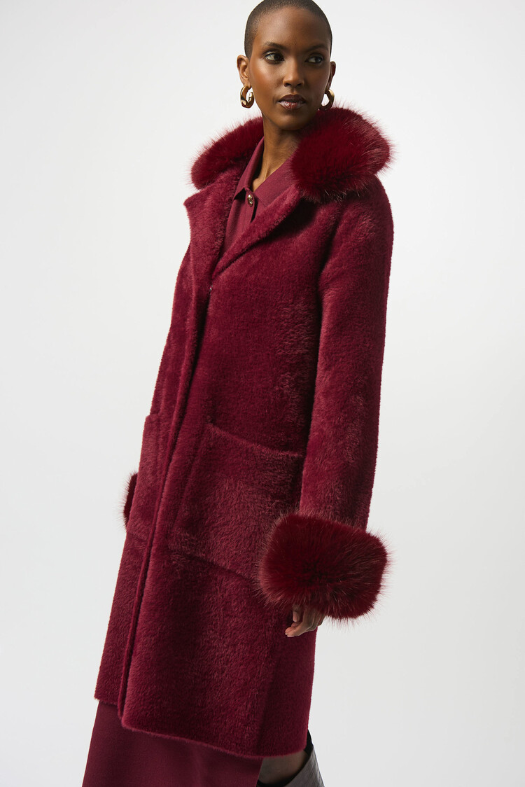 Joseph Ribkoff Feather Yarn & Faux Fur Sweater Coat Merlot