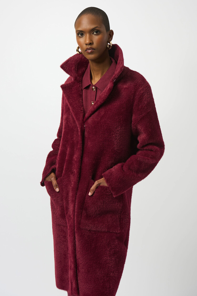 Joseph Ribkoff Feather Yarn & Faux Fur Sweater Coat Merlot