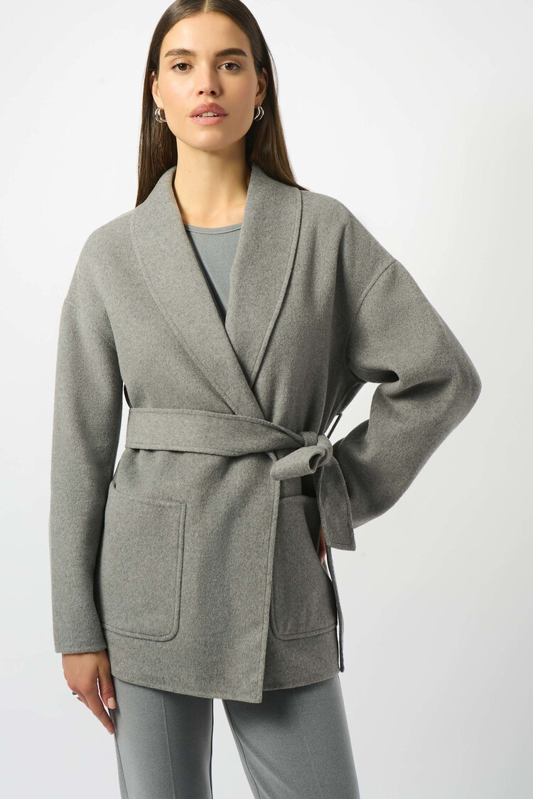 Joseph Ribkoff Wool Blend Belted Coat with Shawl Collar Light Grey