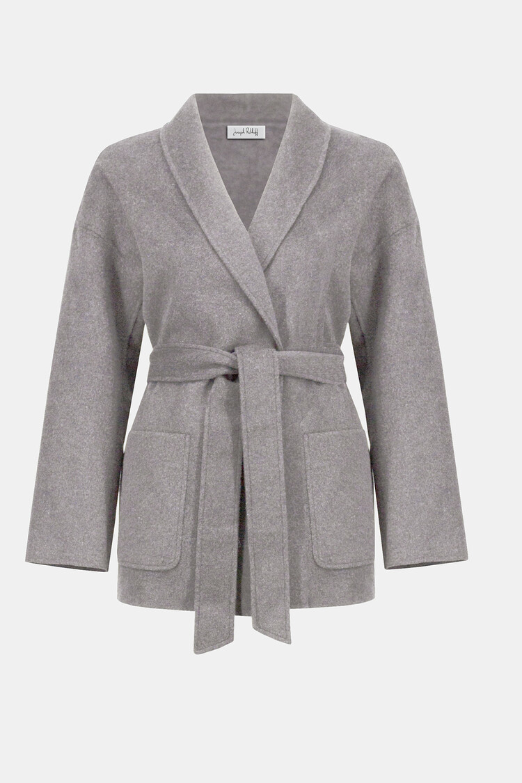 Joseph Ribkoff Wool Blend Belted Coat with Shawl Collar Light Grey