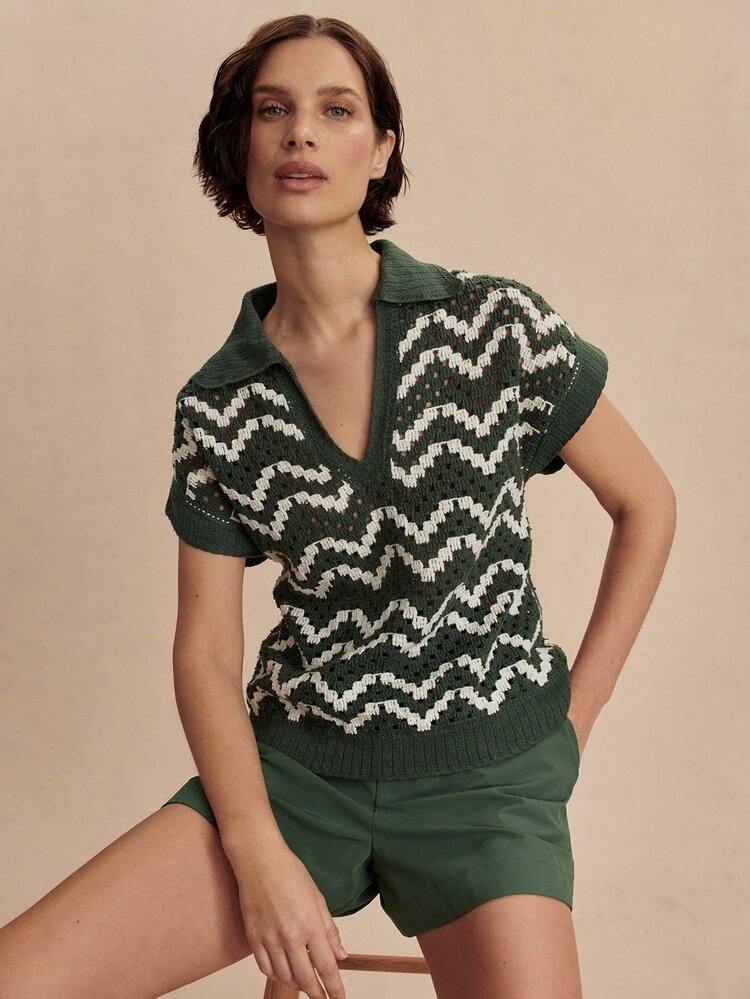 Varley Joelle Crochet Polo Top Cilantro