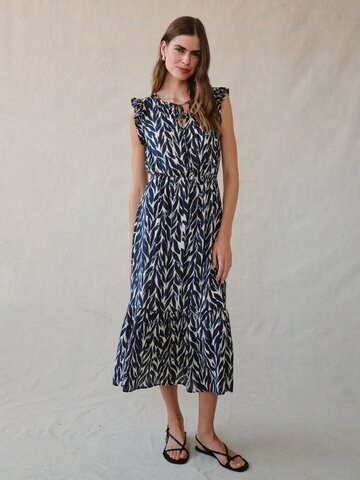 Bella Dahl Ruffle Midi Dress Print Navy Leaves Print