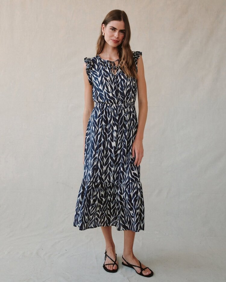 Bella Dahl Ruffle Midi Dress Print Navy Leaves Print