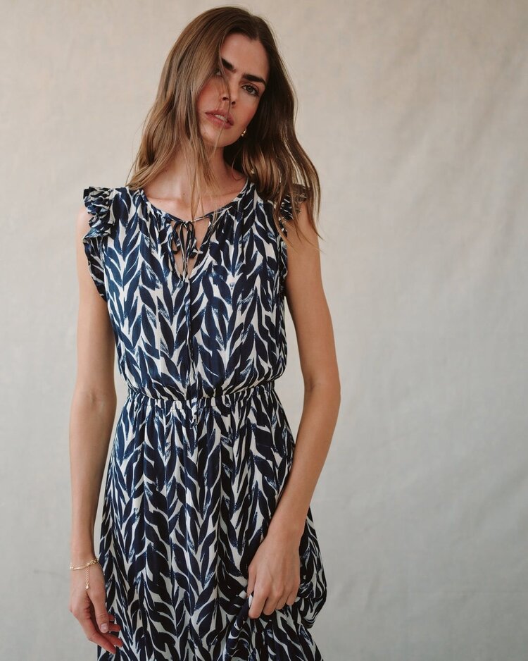 Bella Dahl Ruffle Midi Dress Print Navy Leaves Print