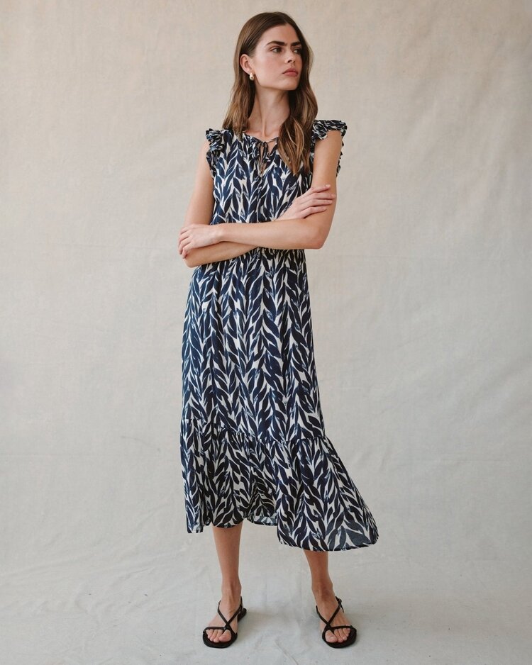 Bella Dahl Ruffle Midi Dress Print Navy Leaves Print