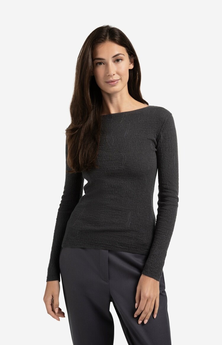 Yaya Fine Knitted Top with Texture and Long Sleeves Oyster Black