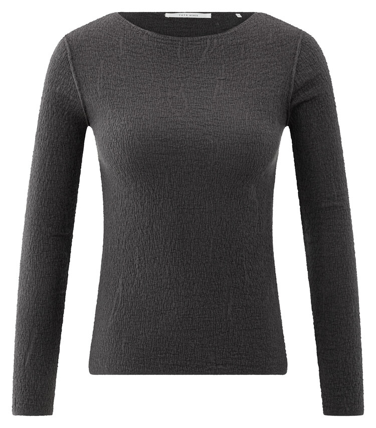 Yaya Fine Knitted Top with Texture and Long Sleeves Oyster Black