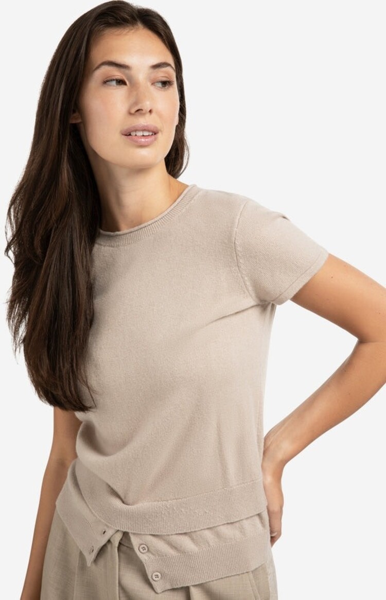 Yaya Knitted Top with Double Hem and Button Details Sand Melange