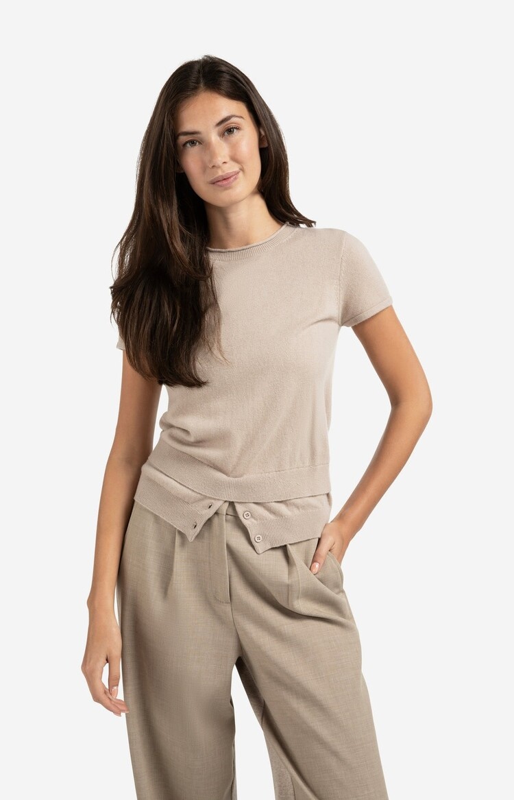 Yaya Knitted Top with Double Hem and Button Details Sand Melange