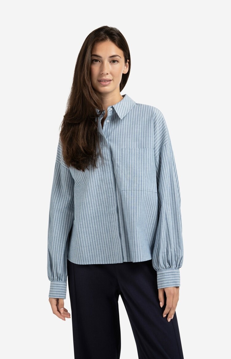 Yaya Striped Blouse with Chest Pocket and Long Sleeves Vintage Blue