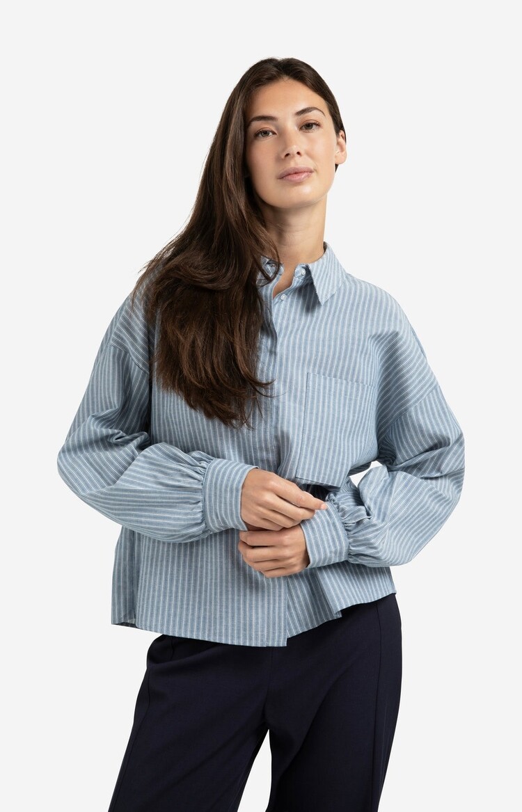 Yaya Striped Blouse with Chest Pocket and Long Sleeves Vintage Blue