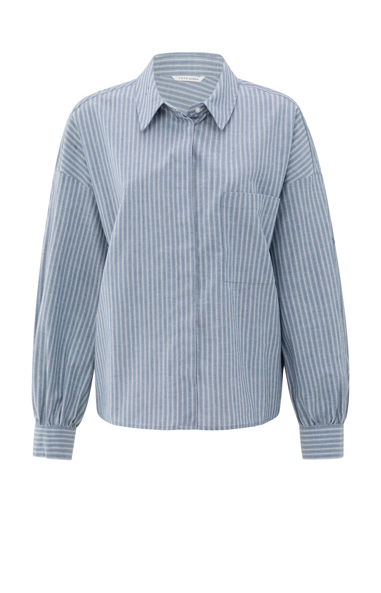Yaya Striped Blouse with Chest Pocket and Long Sleeves Vintage Blue