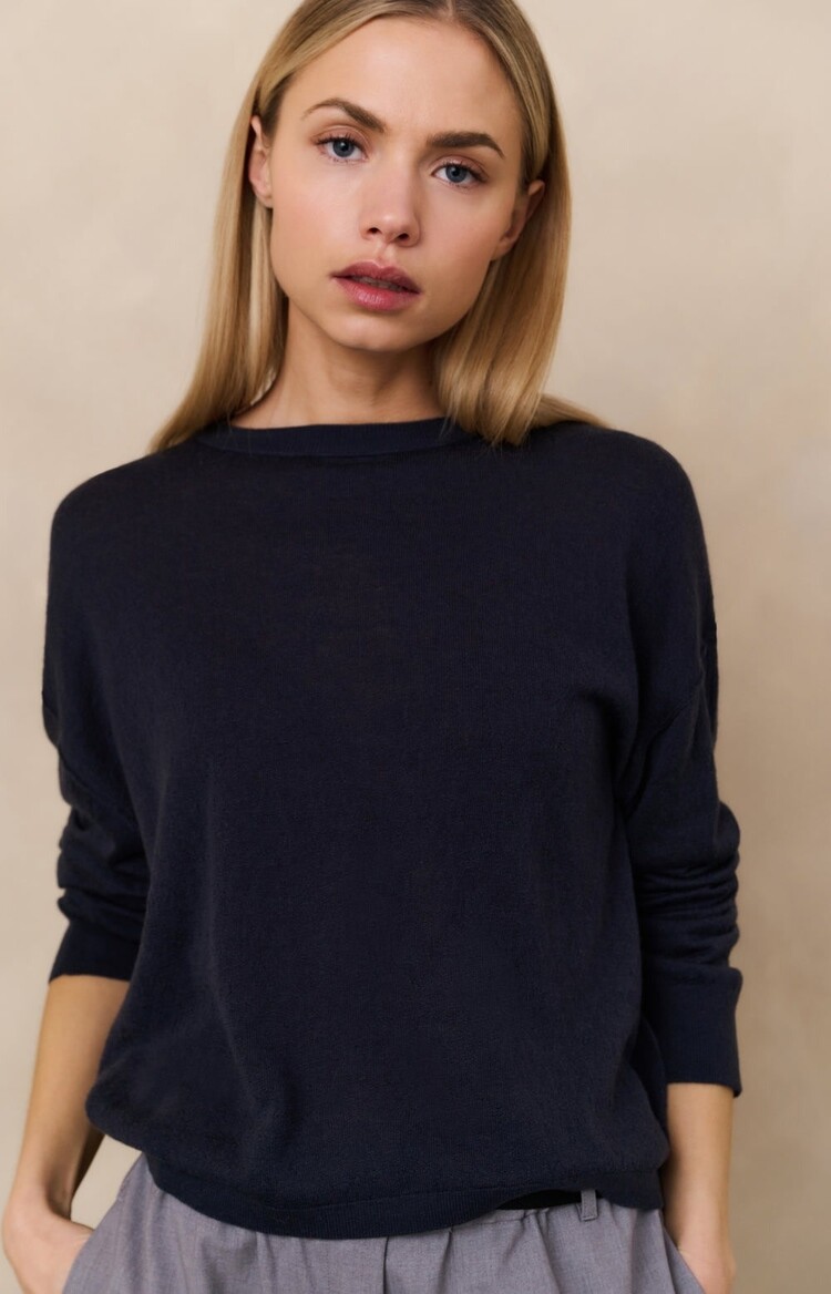 Yaya Textured Knitted Sweater with Round Neckline Inkwell Blue