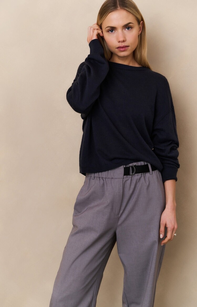 Yaya Textured Knitted Sweater with Round Neckline Inkwell Blue