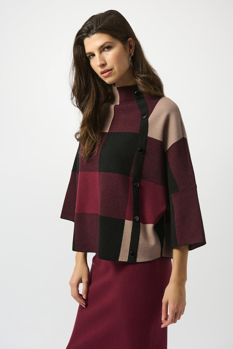 Joseph Ribkoff Plaid Jacquard Sweater Knit Top Merlot/Multi