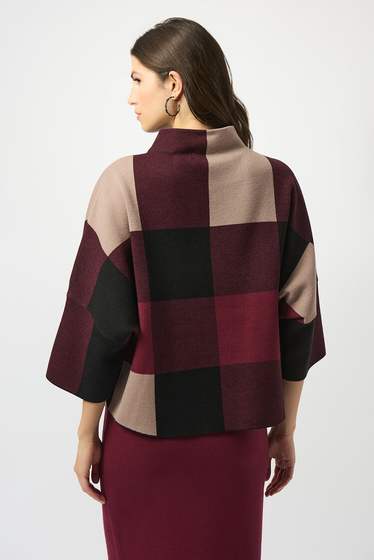 Joseph Ribkoff Plaid Jacquard Sweater Knit Top Merlot/Multi