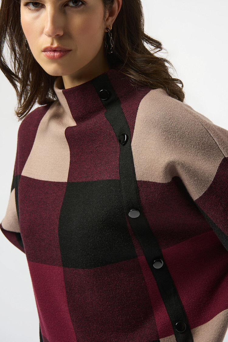 Joseph Ribkoff Plaid Jacquard Sweater Knit Top Merlot/Multi