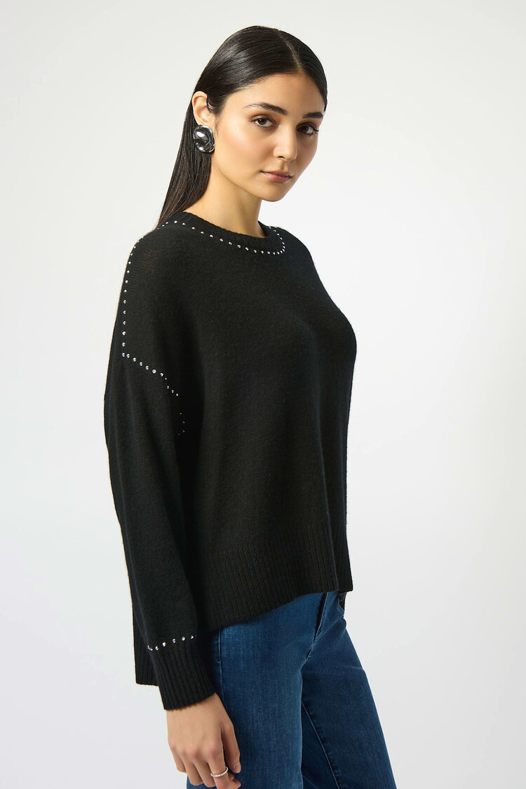 Joseph Ribkoff Cashmere Crew Neck Top with Stud Detailing Black