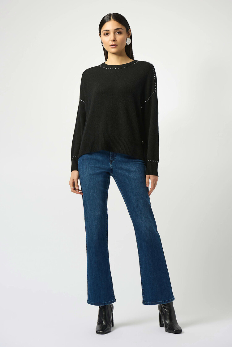 Joseph Ribkoff Cashmere Crew Neck Top with Stud Detailing Black