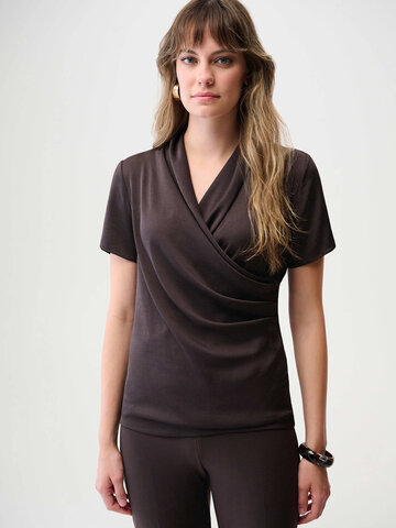 Joseph Ribkoff Recycled Satin And Silky Knit Wrap Top Mocha