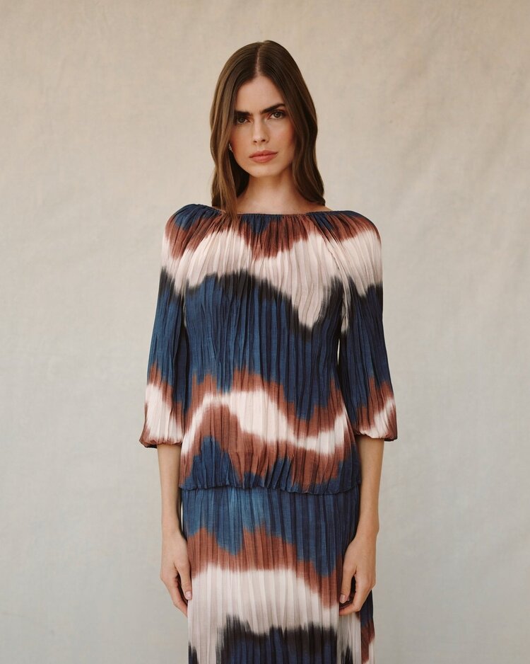 Bella Dahl Pleated 3/4 Bubble Sleeve Blouse Midnight Tides Print