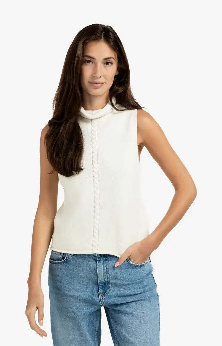 Yaya Cable High Neck Sleeveless Sweater Off White Knit